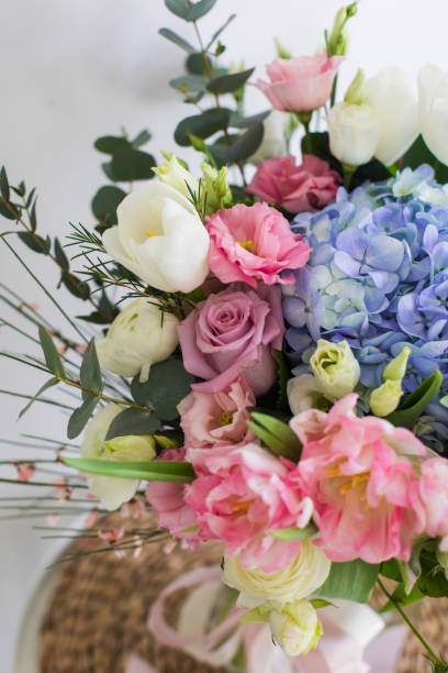 istock Flower bouquet with blue hydrangea and pink tulips 1309481448