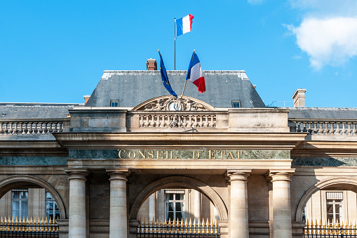 French Council of State (Conseil d'etat) located in the Palais Royal - Paris, France. It is a French public institution created in 1799 by Napoleon Bonaparte. Its primary role is to advise the government. Paris in France, March 19, 2021.