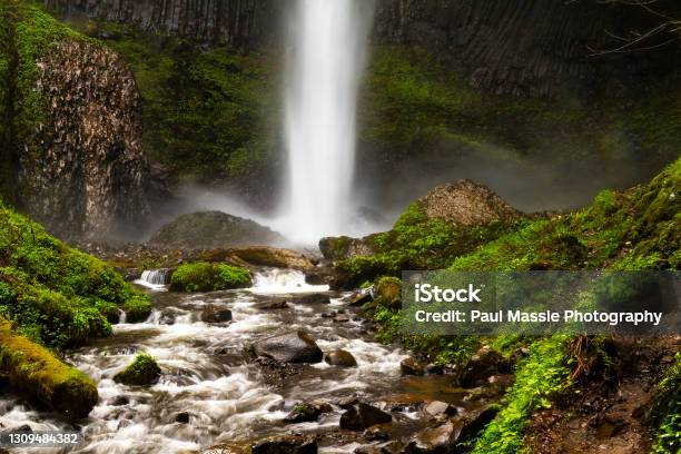 Latourell Falls Stream Hit Bottom Mist And Stream Stock Photo - Download Image Now - Falling, Columbia River Gorge, Cliff