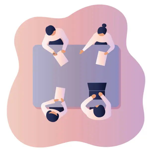 Vector illustration of Colleagues sit at table at business meeting top view