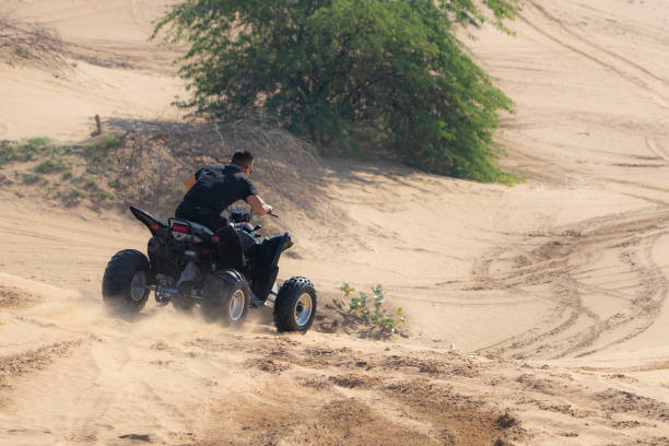 istock Muscular Man Riding Atv In the Desert 1309487229