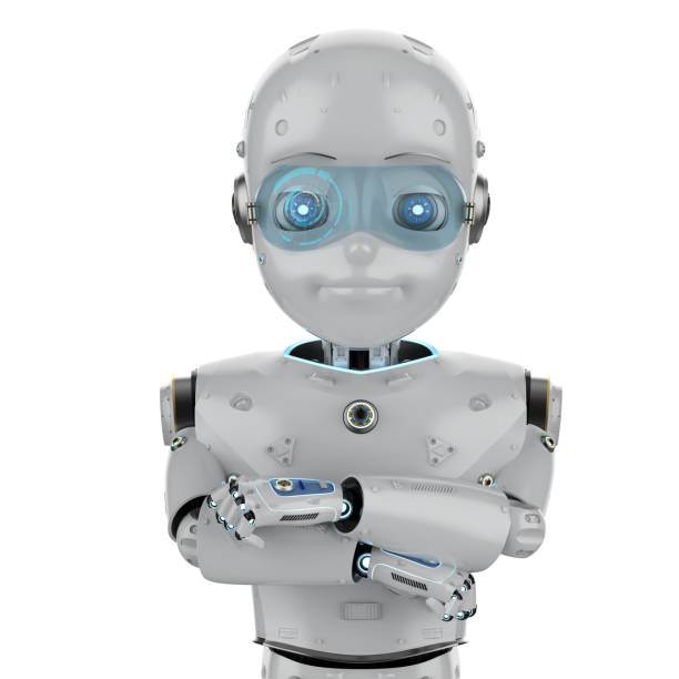 istock Cute robot with cartoon character folded arms 1309489520