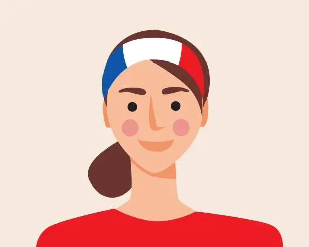 Vector illustration of French soccer fan with flag on face, flat vector stock illustration with head of person from Europe isolated