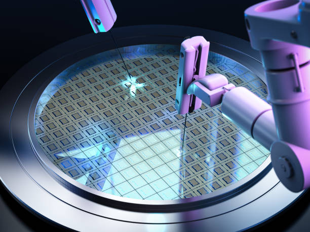 robotic arms with silicon wafers 3d rendering robotic arms with silicon wafers for semiconductor manufacturing computer wafer stock pictures, royalty-free photos & images