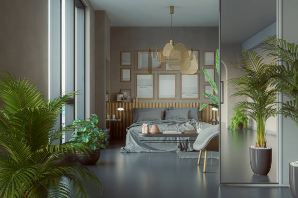 istock Modern green bedroom with houseplants 1309493445
