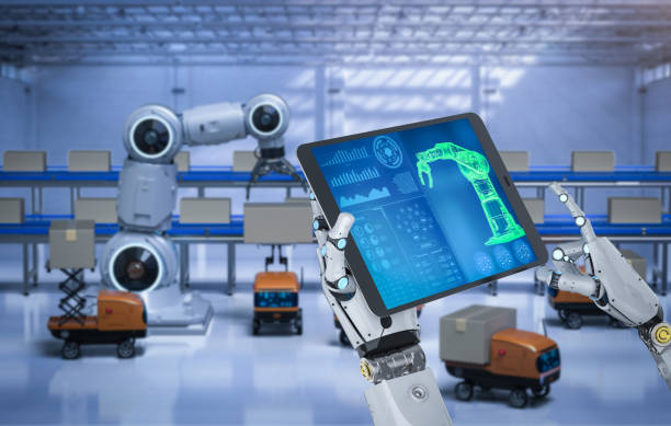 istock Automation warehouse with delivery robots carry boxes 1309499008