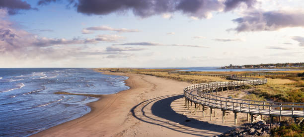 vista panoramica di una bellissima spiaggia sabbiosa sulla costa dell'oceano atlantico. - canadian beach foto e immagini stock