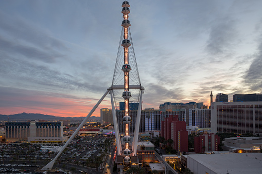 LAS VEGAS, NEVADA, USA - DEC 17, 2018: The High Roller is the world’s tallest observation wheel with 360-degree views of the Las Vegas Valley and The Strip