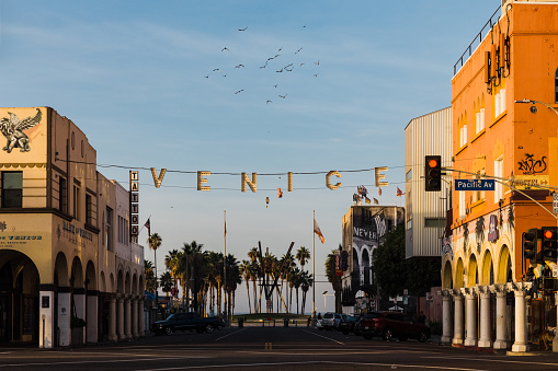 Venice Beach, California, USA - Nov 17, 2018: The VENICE Sign is a modern day replica of the original, installed in 1905 by the legendary Abbot Kinney