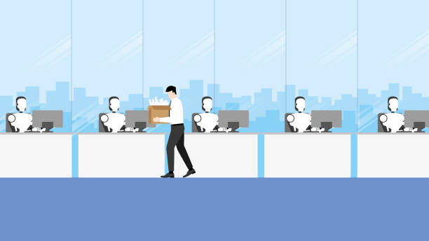 istock Robot replaces and turnover human. Artificial intelligence mechanism working without people and fired employee man. Business concepts of technology and unemployment human for a job in the future 1309506404