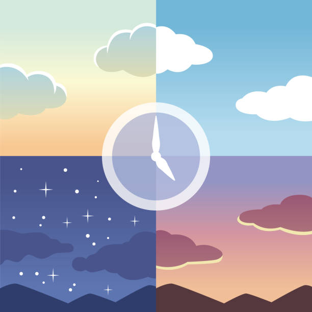 ilustrações de stock, clip art, desenhos animados e ícones de clock with morning, noon, evening and night in the background - 5 horas