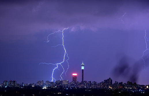 Powerful Thunderstorm in city at night