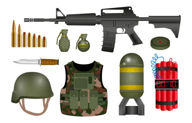 Vector illustration of set of realistic hand grenade or military equipment  or hand riot tear gas or high explosive TNT concept. eps 10 vector, easy to modify