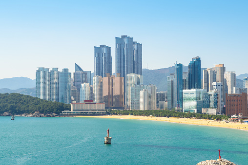 Haeundae Beach, an urban beach in Busan, South Korea, is one of the country's most famous and popular beaches.