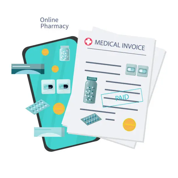 Vector illustration of Online pharmacy, invoice or payment. List of drugs and receipt on the phone screen. Electronic, medical document, price list of tablets, capsules and pills. Vector