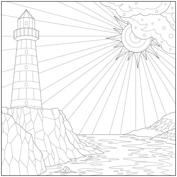 Vector illustration of Fantasy lighthouse on the shore under the sunlight. Learning and education coloring page illustration for adults and children. Outline style, black and white drawing