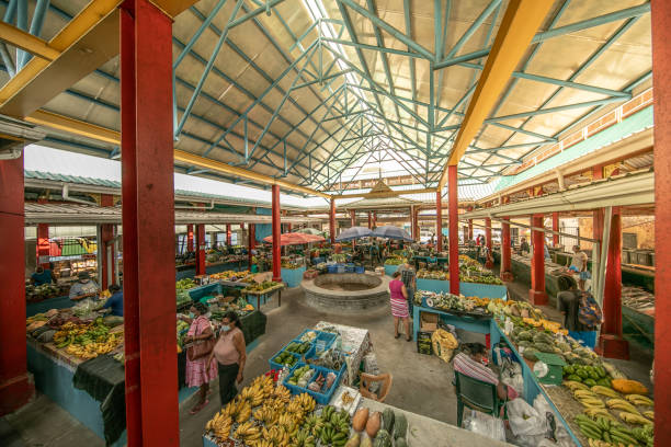 Victoria Market in Mahé. The market in the backstreets of the capital is popular for its fresh fish, fruit and vegetable supply. Everything is displayed properly to customers. Many tourists visit the market during their stay on the island. At the beginning of March 2021 there are hardly any foreigners as many flights are cancelled due to Corona virus. mahe island stock pictures, royalty-free photos & images