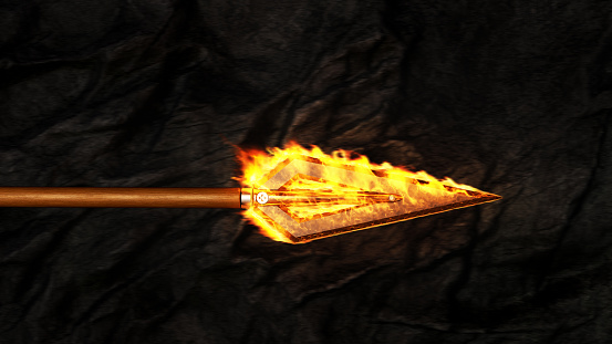 Concept of flying arrow in the dark with burning arrowhead, 3d illustration