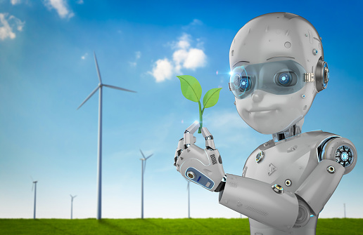 Ecology technology concept with 3d rendering robot boy with green leaves