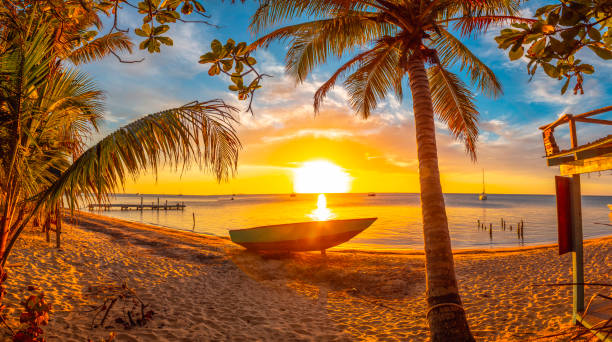 Panoramic at Sunset of West End Beach, Roatan Island. Honduras stock photo