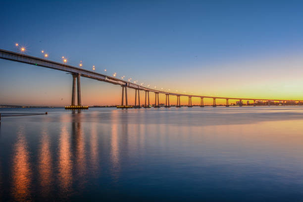 San Diego, California, USA - December 2016: Coronado Bridge from Chavez Park in San Diego. The photo was shot in the late hour of sunset