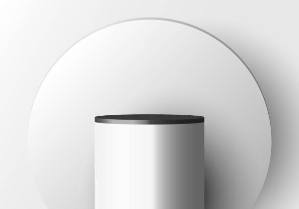 istock 3D realistic white pedestal with black border and circle backdrop for product display. 1309535994