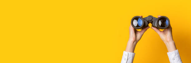 istock female hands hold black binoculars on a bright yellow background. Banner 1309537253