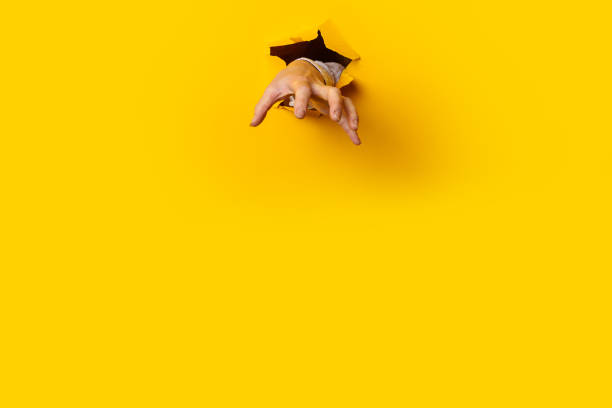 istock Woman's hand is extended and grabs something from a hole in the wall against a yellow background. Banner 1309537268