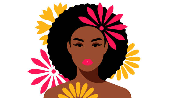 porträt von schönen dunkelhäutigen frauen mit blume in lockigen haaren. brünette, kurze afro-haare. - afro women african descent silhouette stock-grafiken, -clipart, -cartoons und -symbole