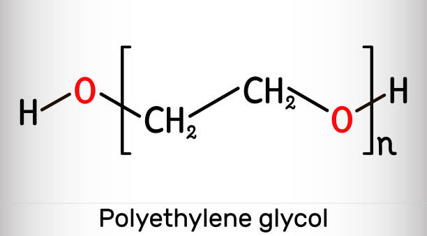 Polyethylene glycol, PEG, polyethylene oxide, PEO, polyoxyethylene, POE molecule. It is versatile polyether, E1521. Structural chemical formula and molecule model Polyethylene glycol, PEG, polyethylene oxide, PEO, polyoxyethylene, POE molecule. It is versatile polyether, E1521. Structural chemical formula and molecule model. Vector illustration polyethylene molecular structure stock illustrations