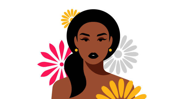 Portrait of beautiful dark skinned women with gigantic flowers. Brunette, long hair, ponytail. Female portrait, head, shoulders, abstract floral shapes. Modern vector avatar, logo, print, banner. pacific islander ethnicity stock illustrations