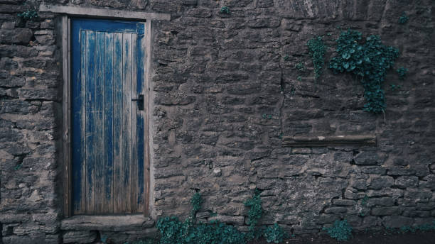 istock An old blue door on a stone wall 1309542167