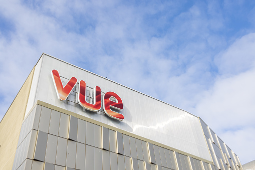 Gateshead UK: 21st March 2021: Vue cinema exterior signage on modern movie theatre with copy space