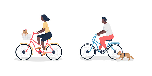 African american man and woman on bicycle with dogs flat color vector detailed character set. Pet care isolated cartoon illustration for web graphic design and animation collection