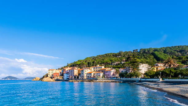 marciana marina, the promenade (elba, tuscan archipelago, italy) - clear sky italy tuscany image imagens e fotografias de stock