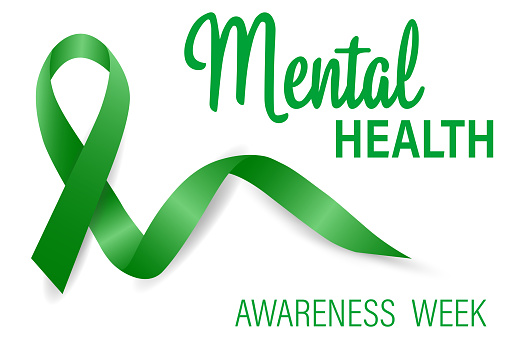Mental Health Awareness is an annual campaign to raise awareness about mental health. Green realistic ribbon and text isolated on white background. Vector illustration of the design.