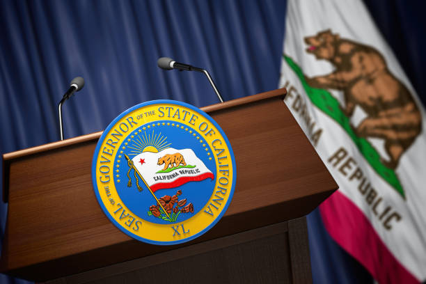 press conference of governor of the state of california concept. seal of the governor of the state of california on the tribune with flag of usa and california state. - governor imagens e fotografias de stock