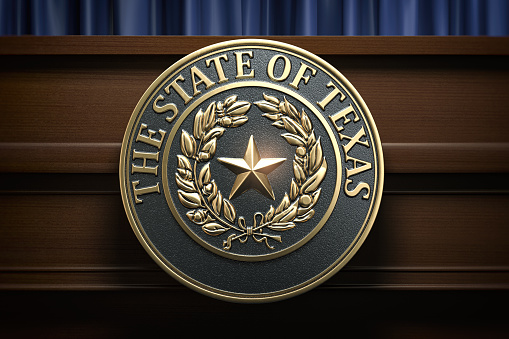 Símbolo y gran sello del estado de Texas en la tribuna. Conferencia de prensa del gobernador de Texas u otros eventos políticos del concepto de Texas. photo