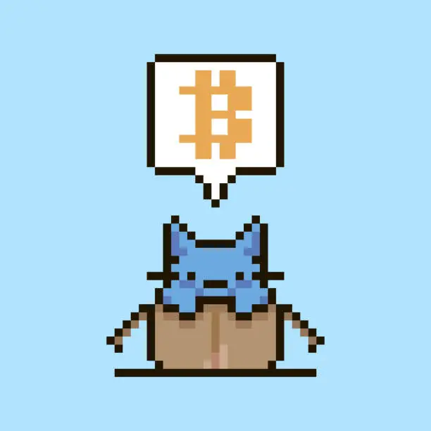 Vector illustration of simple flat pixel art illustration of cartoon cute kitten sitting in an open cardboard box and speech-bubble with bitcoin sign in it