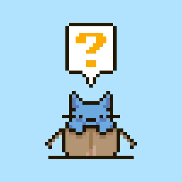 Vector illustration of simple flat pixel art illustration of cartoon cute kitten sitting in an open cardboard box and speech-bubble with question mark in it