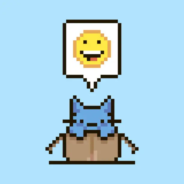 Vector illustration of simple flat pixel art illustration of cartoon cute kitten sitting in an open cardboard box and speech-bubble with laughing emoji in it