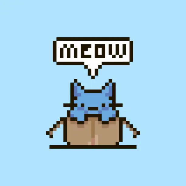 Vector illustration of simple flat pixel art illustration of cartoon cute kitten sitting in an open cardboard box and speech-bubble with word meow in it