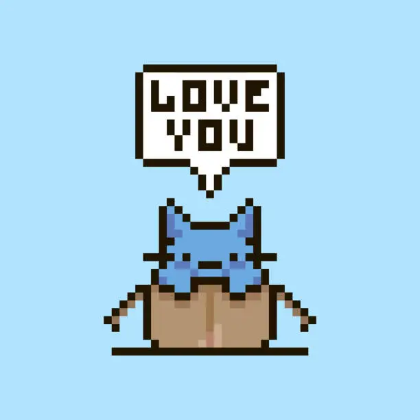 Vector illustration of simple flat pixel art illustration of cartoon cute kitten sitting in an open cardboard box and speech-bubble with text love you in it