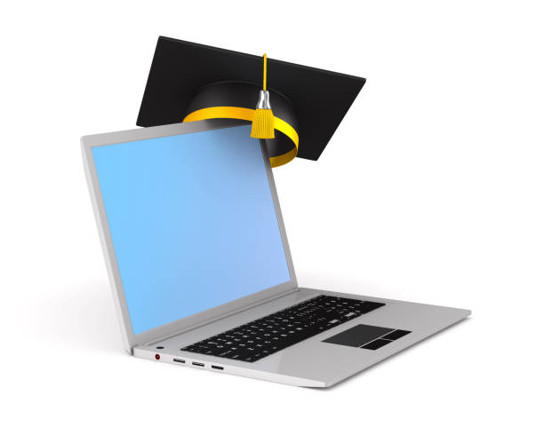 istock laptop and graduation cap on white background. Isolated 3D illustration 1309547444