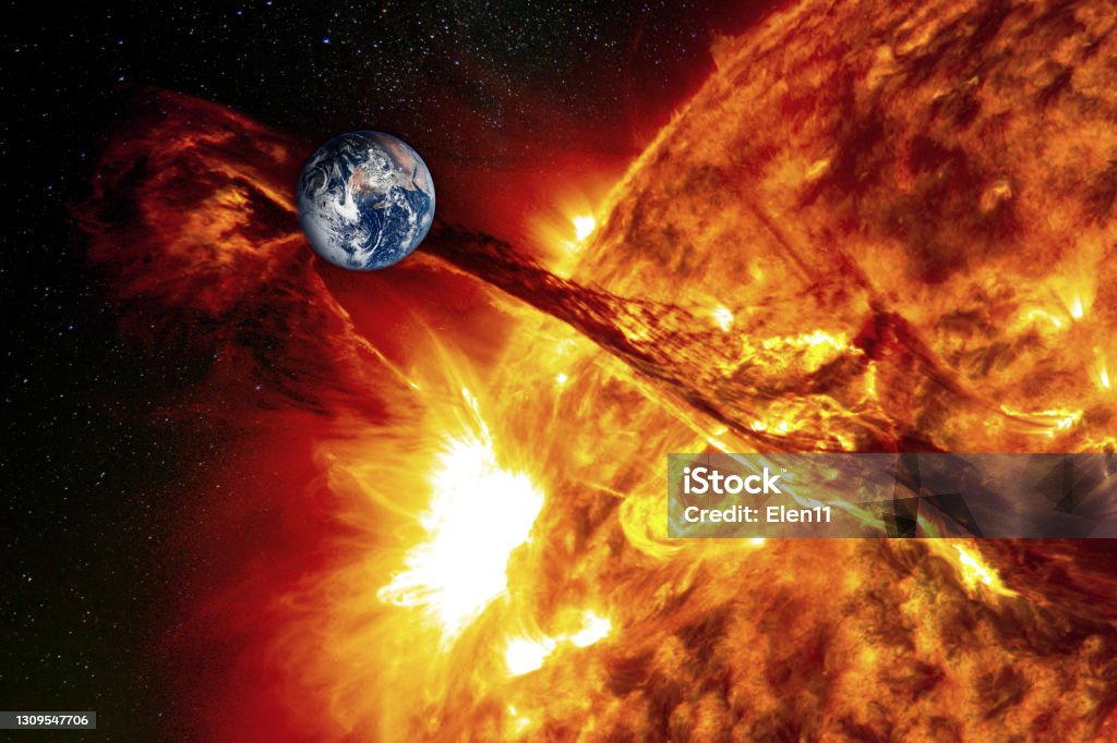 Planet Earth against the backdrop of a giant sun, the concept of solar activity, geomagnetic storm. Planet Earth against the backdrop of a giant sun, the concept of solar activity, geomagnetic storm. The elements of this image furnished by NASA.

/urls:
https://images.nasa.gov/details-as17-148-22727.html
https://photojournal.jpl.nasa.gov/catalog/PIA23229
https://www.nasa.gov/feature/ames/solar-activity-forecast-for-next-decade-favorable-for-exploration
(https://www.nasa.gov/sites/default/files/thumbnails/image/cme_0.jpg)
https://solarsystem.nasa.gov/resources/429/perseids-meteor-2016/ Storm Stock Photo