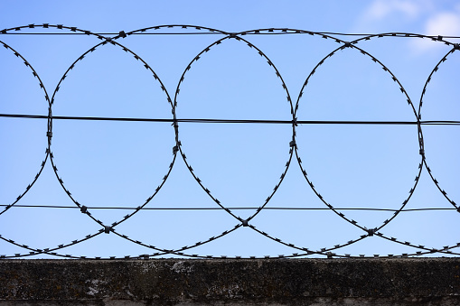 Razor Wires Fencing On Concrete Wall Against Clear Blue Sky