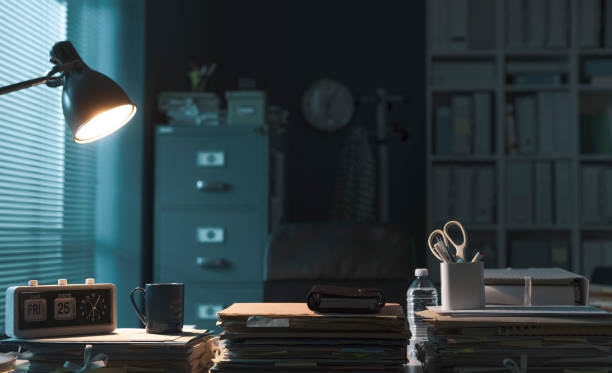 Professional corporate office interior with lit lamp