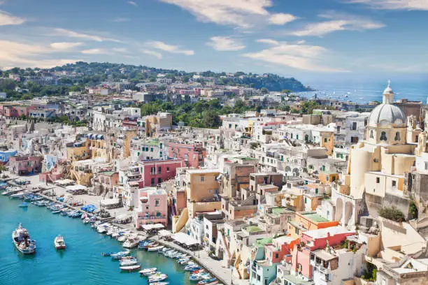 PROCIDA, ITALY - CIRCA AUGUST 2020: panoramic view of the mediterranean Italian island close to Naples in a summer day.