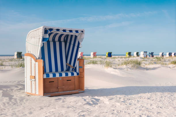 istock Several roofed wicker beach chairs on empty sand beach on North Sea coast. Beach equipment at holiday resorts. 1309550727