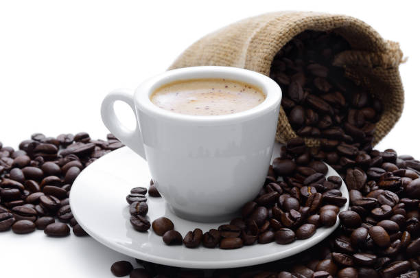 istock Coffee in a cup, coffee beans in a bag isolated on white 1309551093